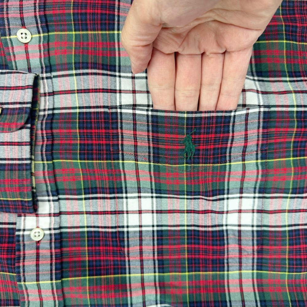 Ralph Lauren Mens XXL Button Down Shirt Red Green Plaid Long Sleeve Pony Pocket - Picture 7 of 9
